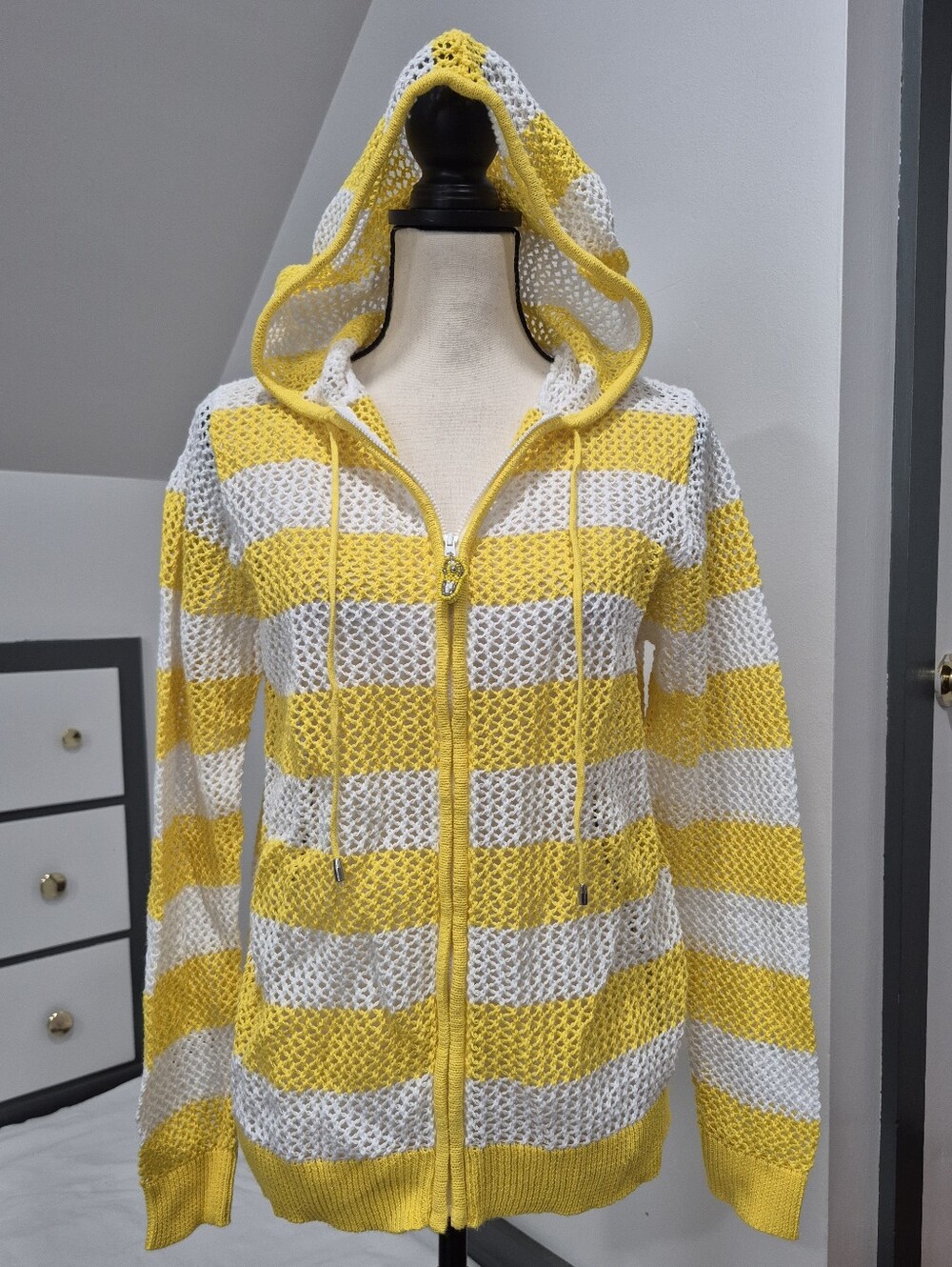 Like New! Quacker Factory Open Knit Zip Up Hooded Sweater Beach Cover